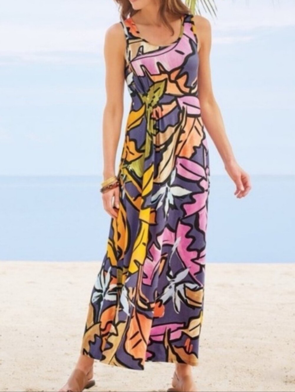 Soft Surroundings Joylyn Gathered Waist Maxi Dress Size L Artsy Cotton Blend